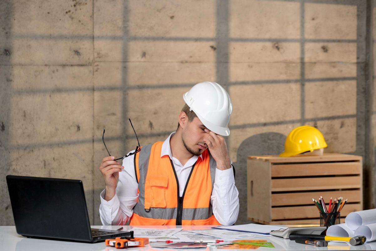 Formatos de inspección impresos y desordenados sobre una mesa de obra
