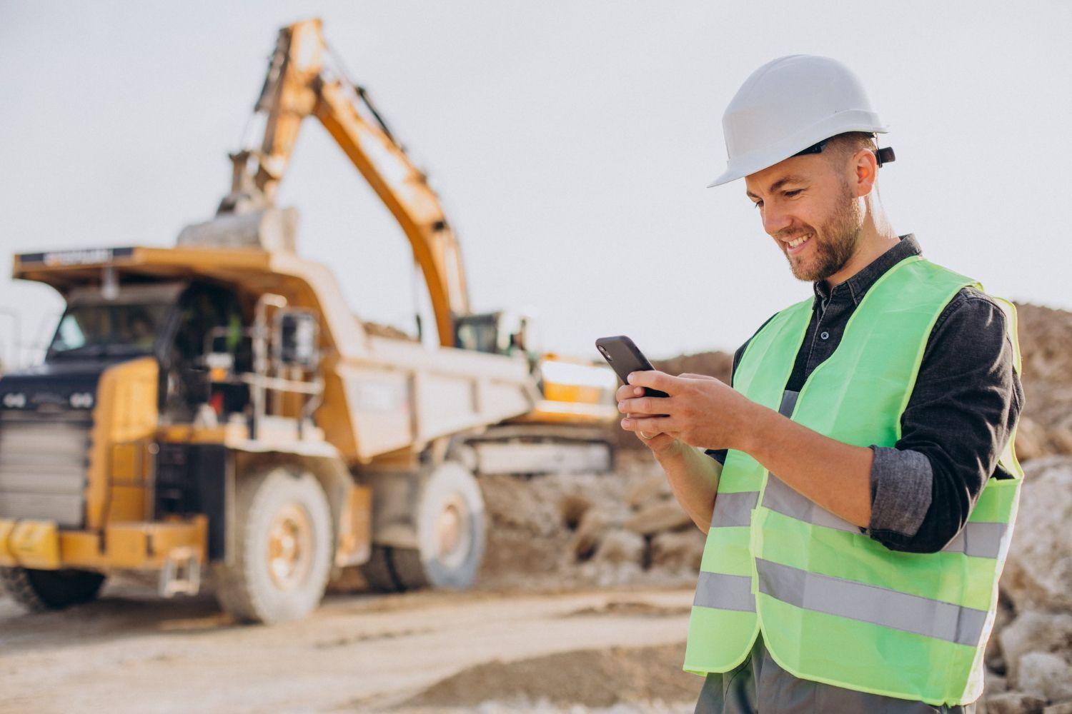 Ingeniero residente usando el celular para registrar una inspección en obra